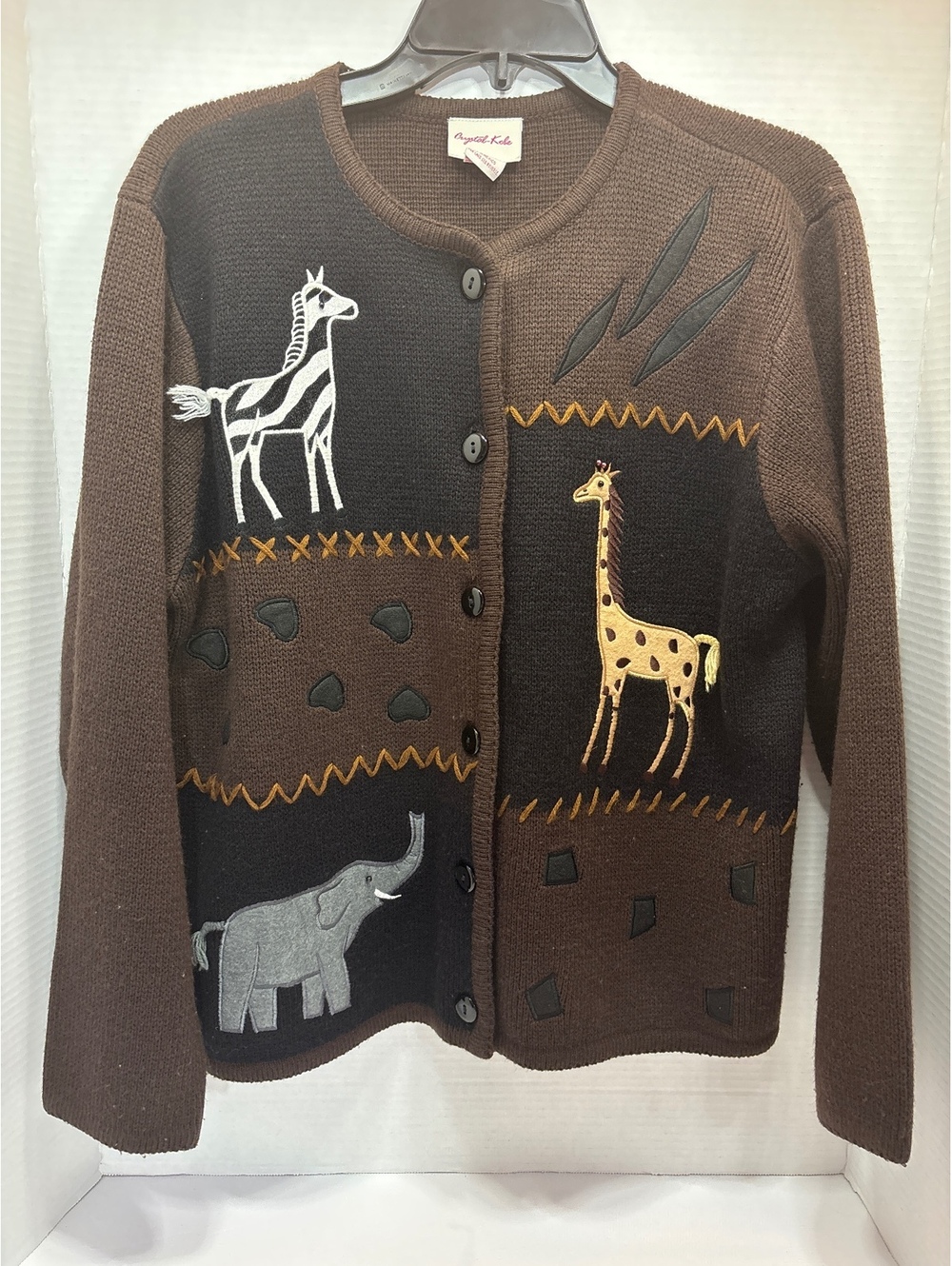 Crystal-Kobe brown animal embroidered cardigan sweater